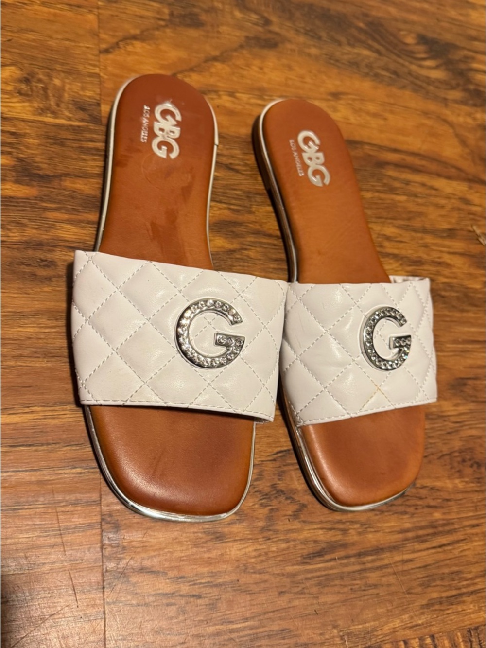 G by Guess White Quilted Slide Sandals with Silver G Emblem